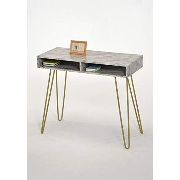 White and Gold Finish Home Office Computer Desk with 4 Open Storage Shelves by RAAMZO White and Gold Finish Home Office Computer Desk with 4 Open Storage Shelves by RAAMZO